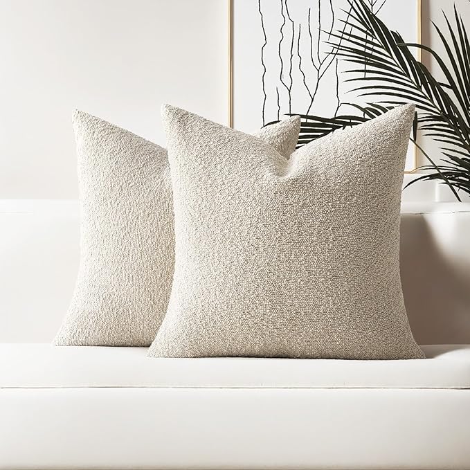 HAUSSY Set of 2 26x26 Decorative Throw Pillow Covers, Soft Cozy Euro Pillow Shams Textured Boucle, Home Decor for Couch Bed Living Room, Beige