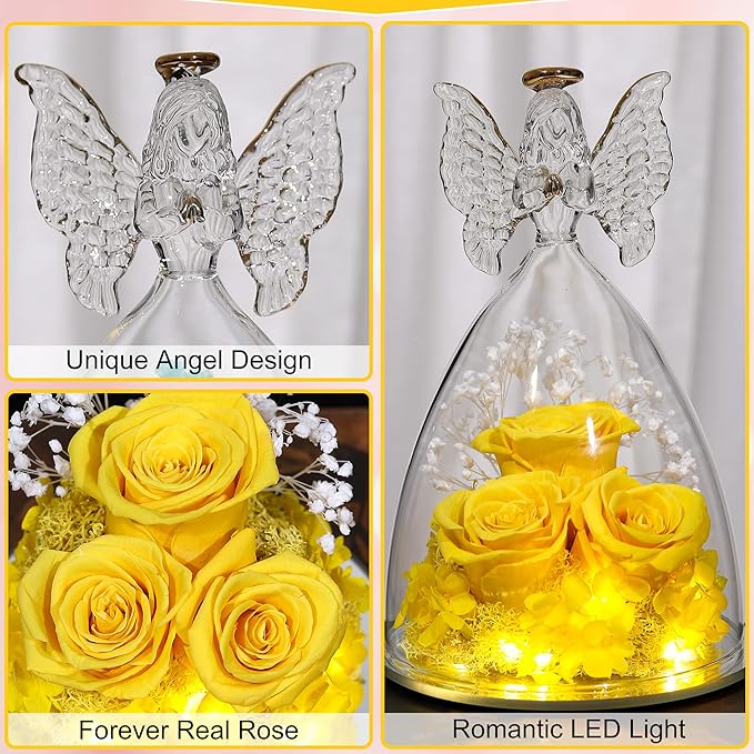 Christmas Rose Gifts for Women Preserved Real Flower in Glass Angel Figurines Roses for Delivery Prime Birthday Gifts for Mom Grandma Girlfriend Wife Her, Yellow