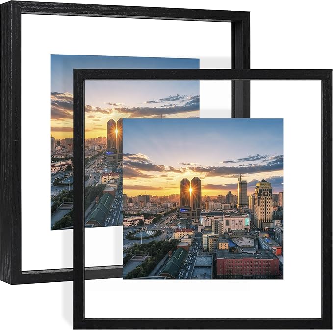 12x12 Floating Picture Frame Set of 2, Double Glass Photo Frame Wooden Frame for Wall Mount or Tabletop Displays for 8x10, 10x10 inch Pictures, Plane Edge Frames, Black