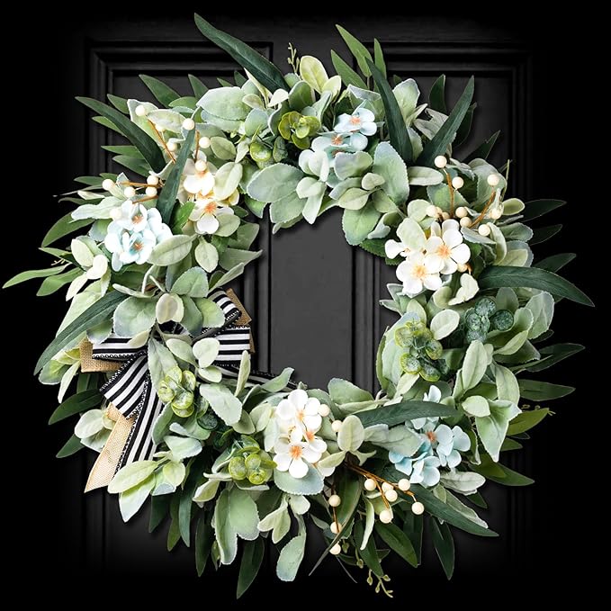 Lambs Ear Wreaths for Front Door Year Round, 20 Inch Green Artificial Wreath for Spring Summer Farmhouse Porch Indoor Outdoor Decor