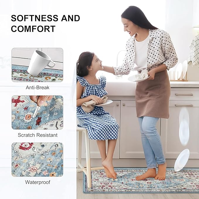 Collive Boho Kitchen Rugs and Mats 2PCS Cushioned Anti-Fatigue Floor Mat, Waterproof Kitchen Rug Set of 2 Non-Skid Comfort Standing Mat for Kitchen,Home,Office,Sink,Laundry,17"x30"+17"x59"