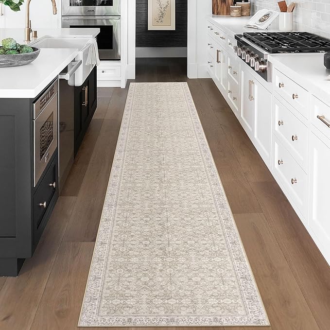 2.6x18 Washable Runner Rug for Kitchen, Cream Beige White Grey Soft Classic Runner with Non-Slip, Non-Shedding Distressed Floral Rug for Hallways Entryway Bedroom Laundry Indoor