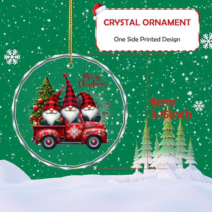 Christmas Gnome Red Truck Ornament – Crystal Hanging Decoration for Christmas Tree, Clear Acrylic Gnome & Red Truck Design, Xmas Holiday Home Décor & Gift