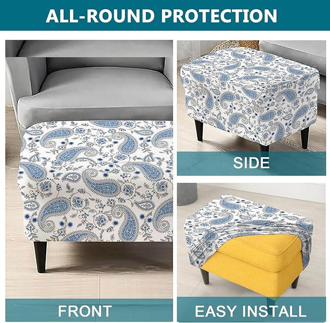 KRFOONN Stretch Ottoman Cover Slipcovers Rectangle Fit Length 39"-47" Footrest Stool Covers Printed Ottoman Cover for Foot Stool Furniture Protector with Non Slip Elastic Bottom, Color 15