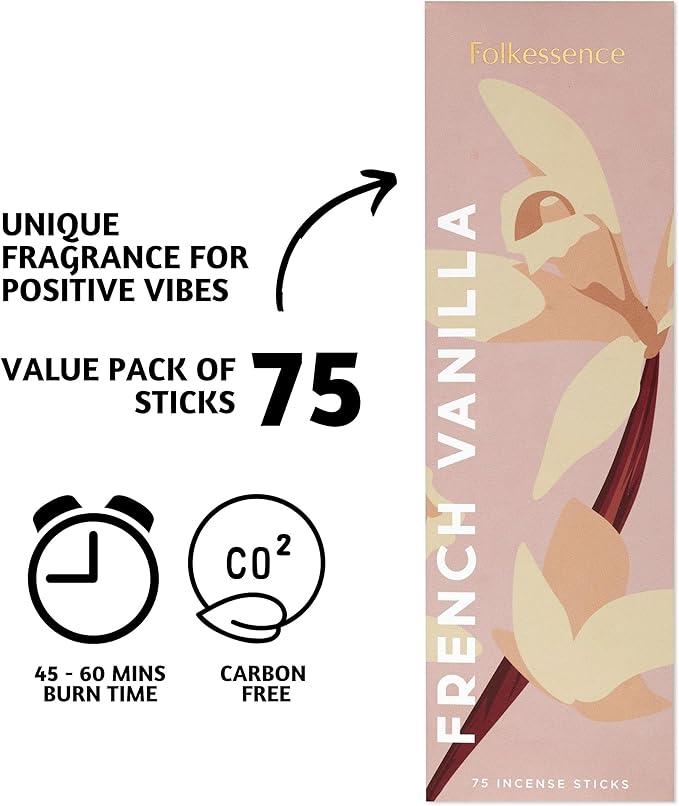Folkulture Incense Sticks (75 Sticks) |8" Premium French Vanilla Incense Sticks For Meditation, Aromatherapy, Stress Relief Gifts | No Charcoal,Organic, Non Toxic, 45 Mins, Long Burning Insence-Sticks