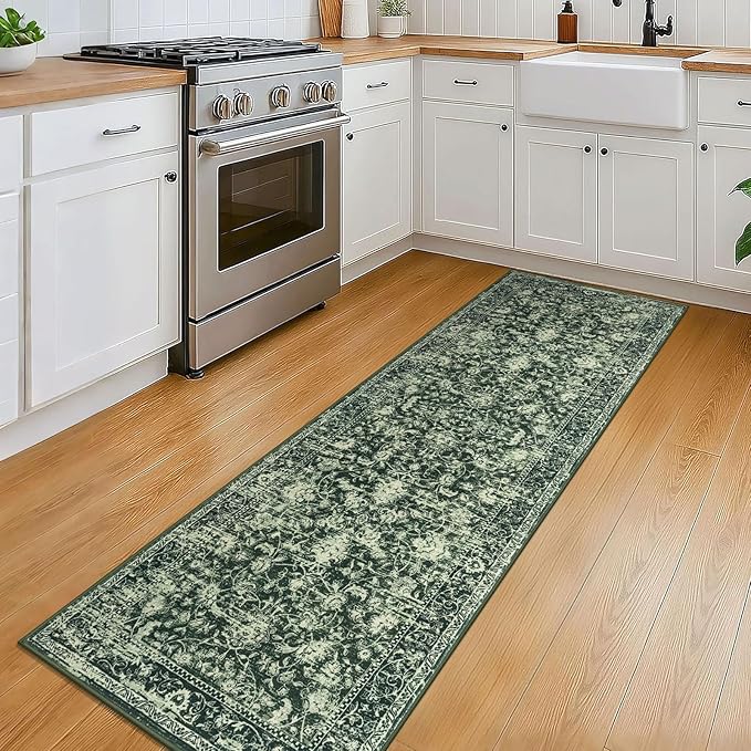 KILOCOCO Hallway Runner 2x6 Rug Runner Printed Vintage Floral Washable Kitchen Runners Non-Slip Rubber Backed Runners for Hallways Laundry Room Distressed Boho Rugs for Entryway Bedroom, Green