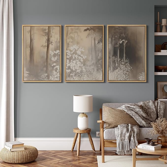 MUDECOR Framed Wall Art Print Set Neutral Forest Landscape Beige and Gray Watercolor Illustrations Realism Decorative for Living Room, Bedroom, Office - 24"x36"x3 Natural