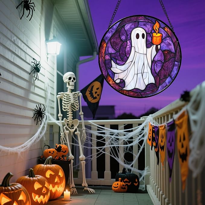 Stained Glass Window Hanging - Halloween Decorations Ghost Suncatcher for Doors Garden Indoor Spooky Funny Purple Sun Catchers Gothic Decor Horror Gifts for Women Men Friend 6.3 in