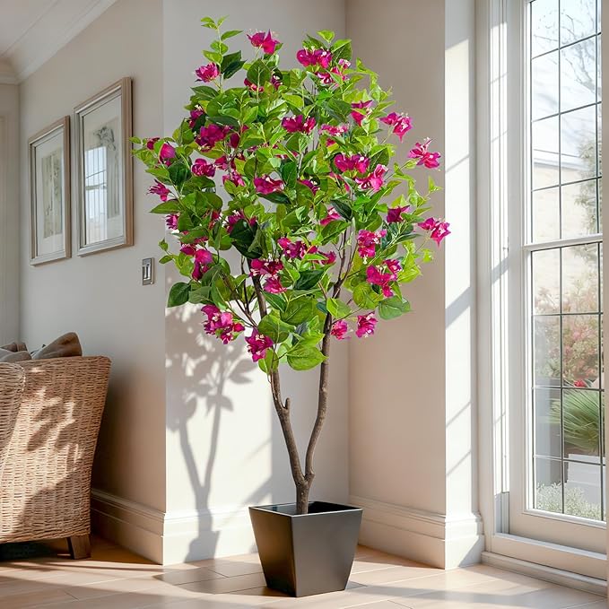 5FT Artificial Bougainvillea Tree Artificial Tree Tall Potted Fake Bougainvillea Trees for Outdoor Indoor Lifelike Potted Faux Plants with Wood Trunk and Flowers Office Wedding Home Decor