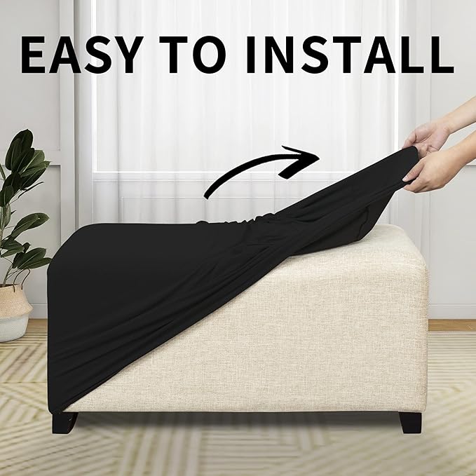 Easy-Going 100% Dual Waterproof Stretch Ottoman Cover Rectangle Folding Storage Stool Furniture Protector Soft Slipcover for Living Room with Elastic Bottom (Large, Black)