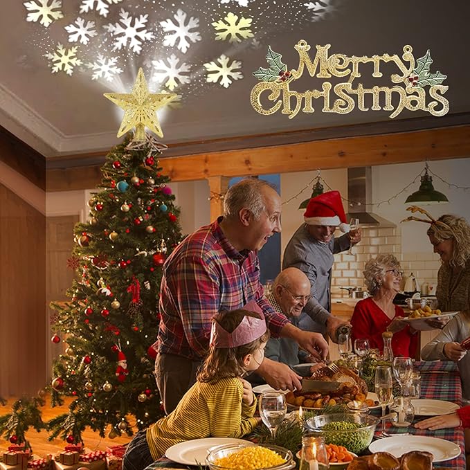Christmas Tree Topper Star Lighted with Rotating Snowflake LED Projector, Gold Star 3D Glittered Christmas Xmas Tree Decorations Projector Angle Adjustable
