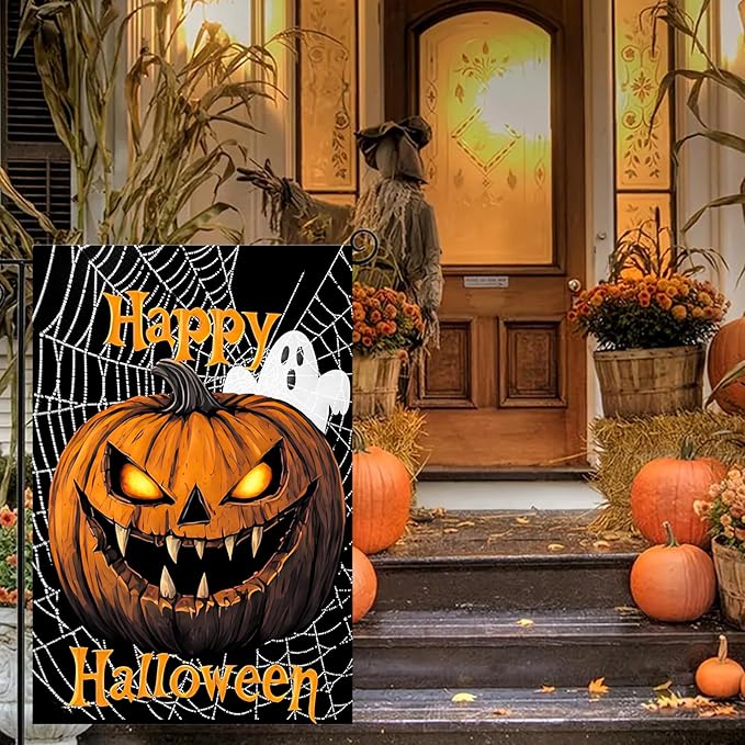 Halloween Garden Flag Double Sided 12x18 Inch Scary Pumpkin Ghost Spider Web Yard Sign Gothic Spooky Outdoor Banner Creepy Jack Lantern Face Holiday Lawn Porch Decoration