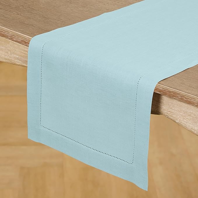 Solino Home Linen Aqua Blue Table Runner 60 Inches - Classic Hemstitch, 100% Pure Linen Coffee Table Runner 14 x 60 Inch Ideal for Dresser Tables - Winter, Spring, Easter