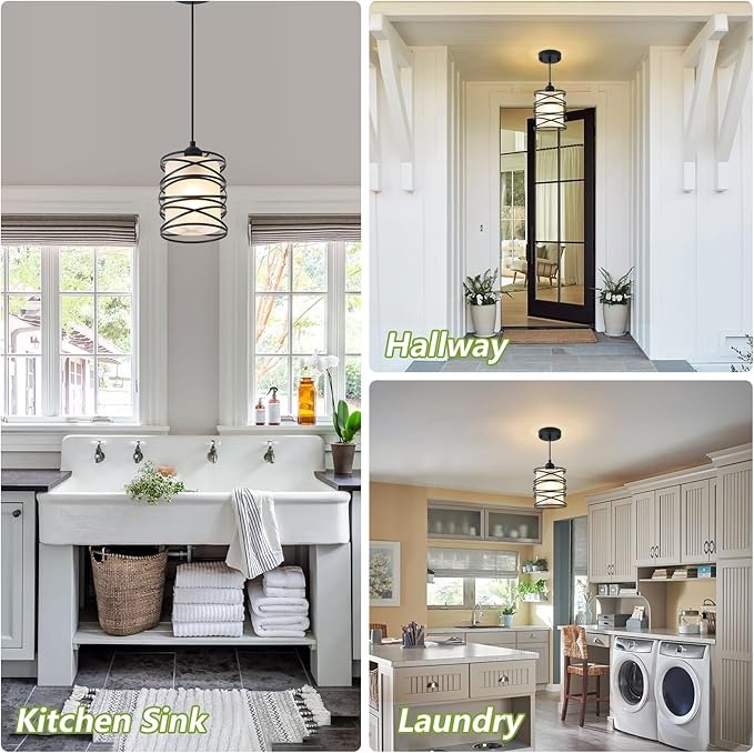 Frosted Glass Pendant Light Fixtures 6.3Inch Spiral Metal Cage Mini Pendant Lighting Handblown Island Hanging Light Adjustable Cord Ceiling Lamp for Kitchen Dining Room Foyer Hallway, E26