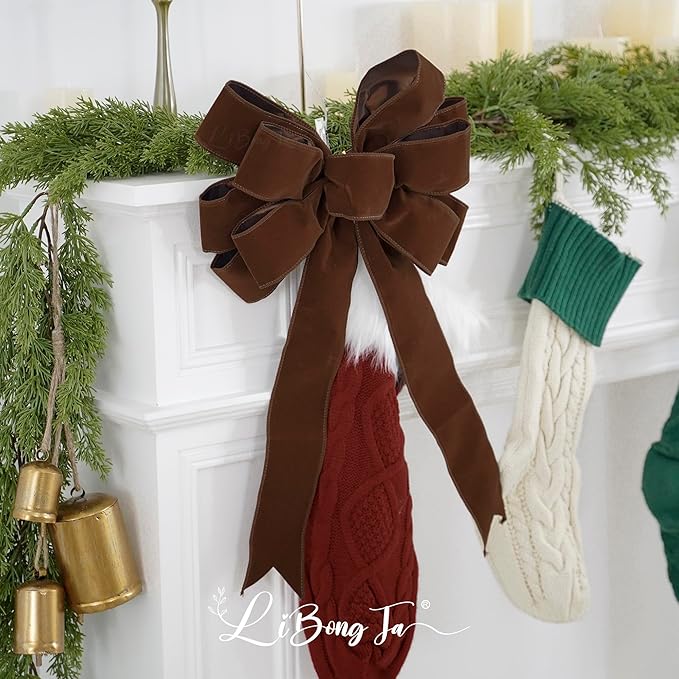 13" Brown Velvet Christmas Tree Topper Bow, Premade, 13" x 20"