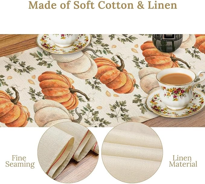 Fall Pumpkin Table Runner White Orange Vegetables Seeds Parsley Watercolor Hand-Painted Illustration Home Decor for Farmhouse Indoor Outdoor Party Holiday Dining Kitchen Restaurant Cafe W13xL90in