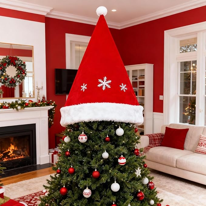 EssenceHome Giant Red White Snowflake Fabric Christmas Tree Topper Hat, Classic Indoor Outdoor Santa Hat Tree Decoration for Holiday Season, 2.4ft x 2.8ft