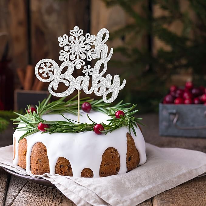Gyufise 1 Pack Oh Baby Cake Topper Glitter Snowflake Baby Shower Cake Pick Decorations for Winter Theme Kids Birthday Party Supplies Silver