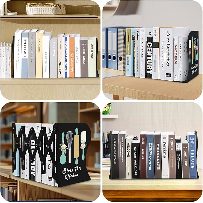 Cookbook bookends, Kitchen bookends, Adjustable Metal Book Ends for Shelves Decorative Unique Design for Heavy Books,Non-Skid Book Holder for Kitchen Housewarming Cooking Lover Gifts (Black 2)