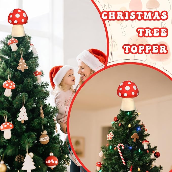 Eyourlife Mushroom Tree Topper, 9 Inch Christmas Tree Ornament, Red and White Farm Tree Topper Plush Stuffed Decorations for Christmas Holiday Birthday Indoor Party Supplies