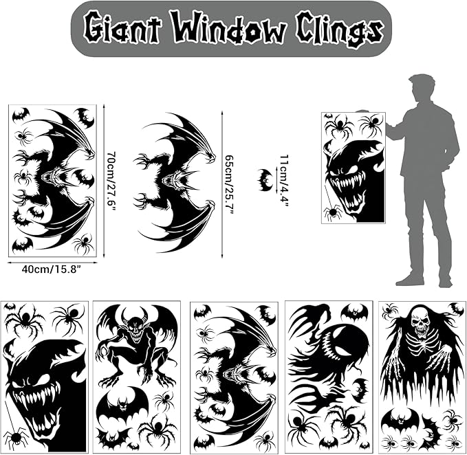 5 Sheets 37 Pcs Giant Spooky Halloween Window Clings Scary Monster Window Decal Stickers for Halloween Decoration Supply
