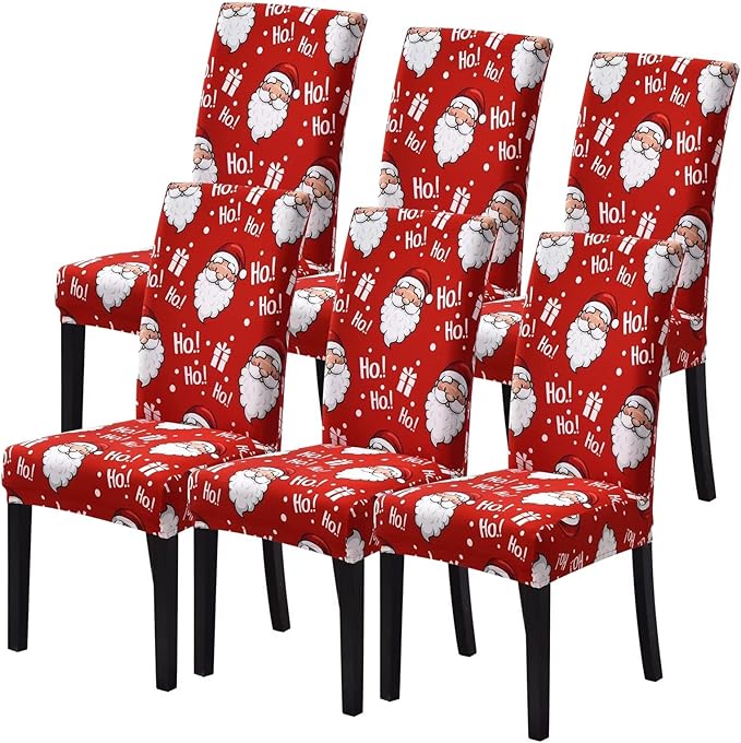 SearchI Christmas Chair Covers Set of 6, Stretch Xmas Kitchen Chair Cover Removable Washable Holiday Parsons Chair Slipcovers for Dining Room, Christmas Decoration, Ceremony(Santa Claus)