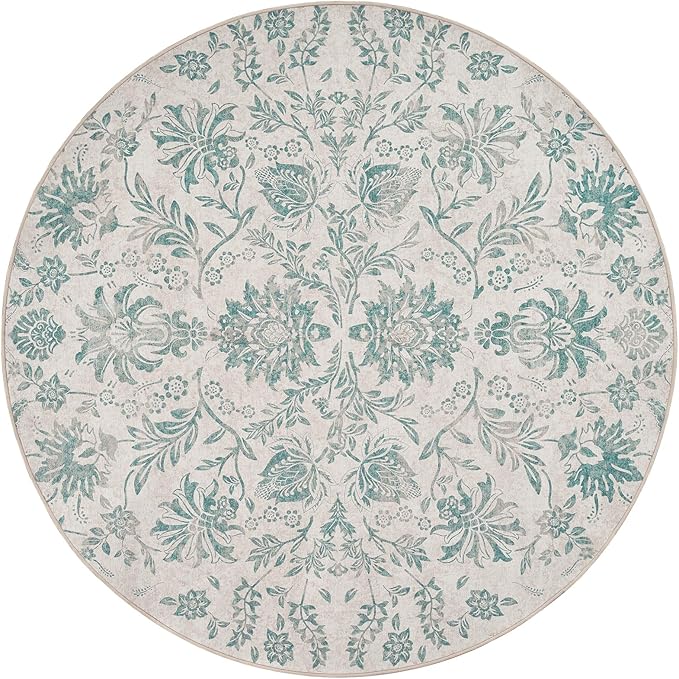 jinchan Torino Classic Floral Round Rug 4ft Vintage-Inspired Design 4’Circle Rug, Machine Washable Ultra-Thin Low-Pile Non-Slip Indoor Carpet for Bedroom Dining Room Living Room Entryway