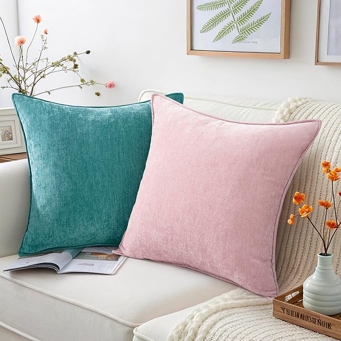 decorUhome Christmas Couch Throw Pillow Covers 26x26 Set of 2, Decorative Soft Euro Velvet Neutral Chenille Pillow Covers with Elegant Design for Sofa Bed Living Room Home Decor, Teal