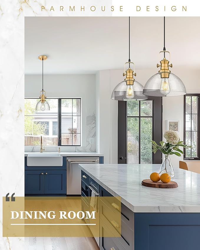 Pendant Lights Kitchen Island 2 Pack, 7.5" Farmhouse Pendant Lighting with Clear Seeded Glass Shade, Vintage Hanging Light Fixtures for Dining Room, Brushed Gold, AD-22151-1P2-GD