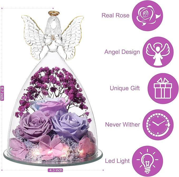 Christmas Rose Gifts for Women Preserved Real Flower in Glass Angel Figurines Roses for Delivery Prime Birthday Gifts for Mom Grandma Girlfriend Wife Her, Multi Purple