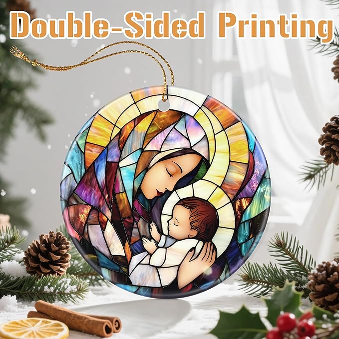 Religious Christmas Tree Decorations - Christmas Ornaments, Keepsake Ornaments, Holiday Decor & Christian/Religious Gifts, Holiday or Xmas Gifts - Baby Jesus and The Blessed Virgin Mary