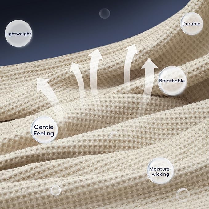 PHF 100% Cotton Waffle Weave Blanket Queen Size for Bed, Snag Proof Lightweight Breathable Moisture-wicking Throw for Couch, Great for Layering in Cold, Machine Washable, Home Decor Gift - Linen/Stone