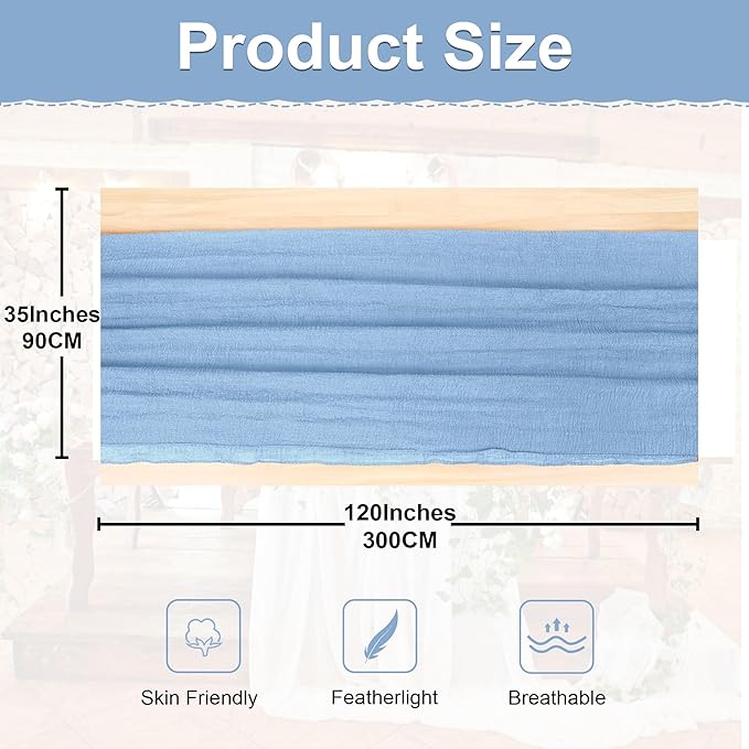 JOYIT 4 Pack Blue Cheesecloth Table Runner 35" x 120" – Boho Table Runner Set for Wedding, Birthday, and Party Decor, Romantic Gauze Table Runner for Rustic and Elegant Tablescapes (Light Blue)