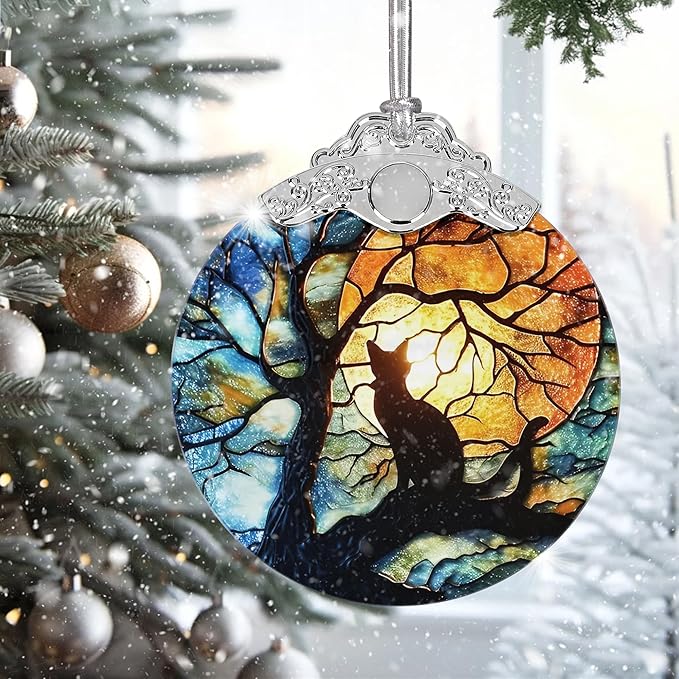 2025 Ornaments for Christmas Tree, Zmoicky Stained Glass Hanging Ornament, Christmas Ornaments Clearance, Gift Exchange Ornament, Bauble Present - Cat Under Moonlight