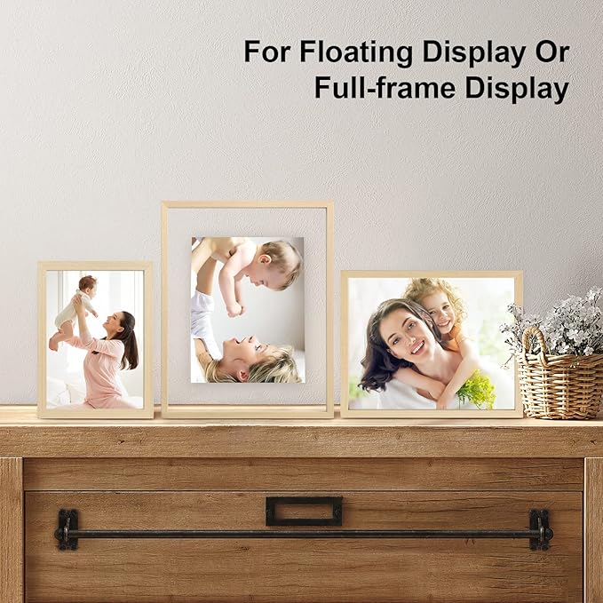 Egofine 11x14 Floating Frames Set of 2, Double Plexiglass Picture Frame, Made of Solid Wood Display Any Size Photo up to 11x14, Wall Mount or Tabletop Standing, Natural Wood