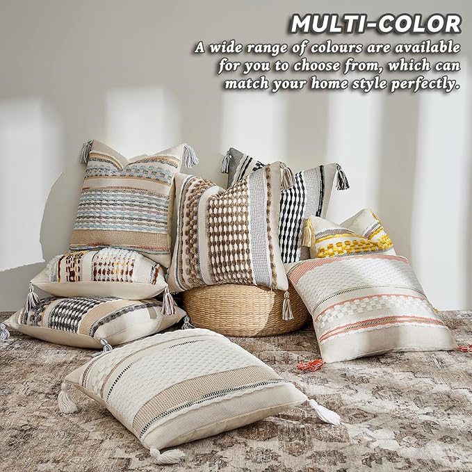 AmHoo Set of 2 Chenille Striped Tufted Textured Boho Throw Pillow Covers Aesthetic with Tassels Woven Decorative Pillow Case for Couch Bed Sofa Bedroom Modern Funky 18 x 18-Inch Brown White