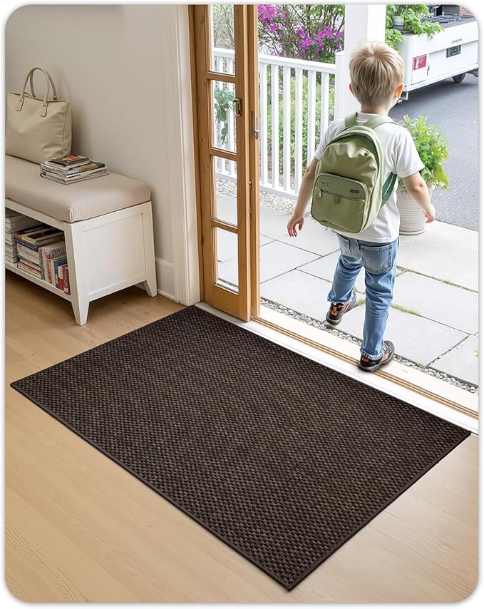 Color&Geometry Ultra-Thin Indoor Door Mat, 24"x36" Low-Profile Non-Slip Entryway Rug with Modern Geometric Texture, Washable Doormat for Indoor Entrance, Front Door, Brown (Rolled-up NO Creases)