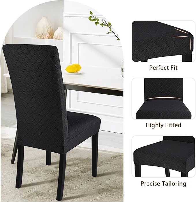 SearchI Dining Room Chair Covers Set of 4, Stretch Jacquard Parsons Chair Slipcovers Removable Washable Kitchen Chair Protector Cover for Dining Room, Hotel, Ceremony (Black Rhombus)