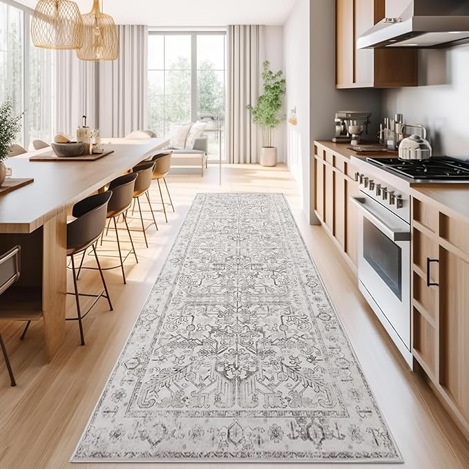 jinchan Lima Kitchen Runner Rug 3x7 - Vintage Floral Machine Washable Non-Slip Hallway Runner Rug with Rubber Backing Ultra-Thin Carpet for Bedroom Laundry Room Farmhouse (3x7ft, Taupe)