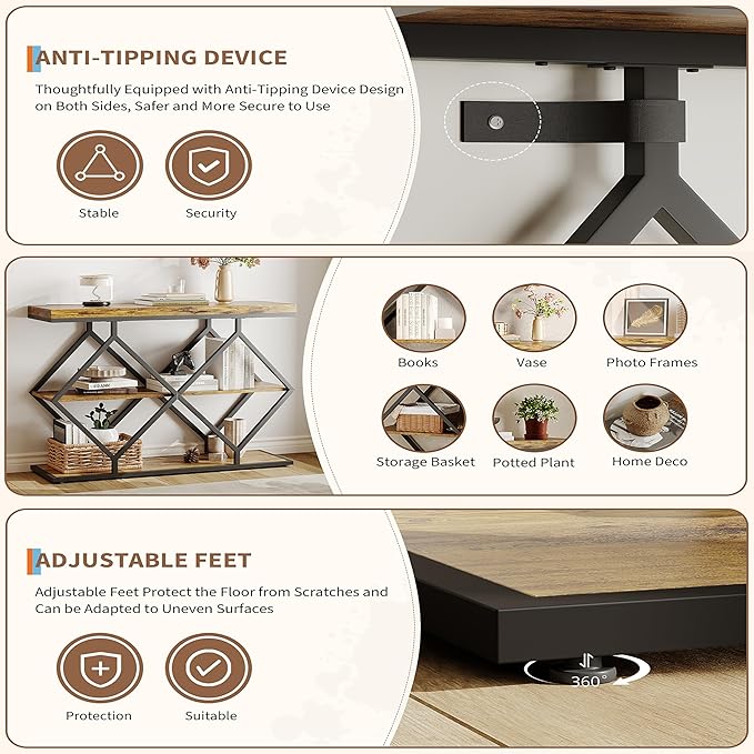 Garvee 3-Tier Entryway Table, Industrial Console Sofa Table with Storage, Accent Tables with Open Shelves, Diamond-Shaped Metal Frame, Foyer Tables for Entryway, Hallway, Rustic Brown