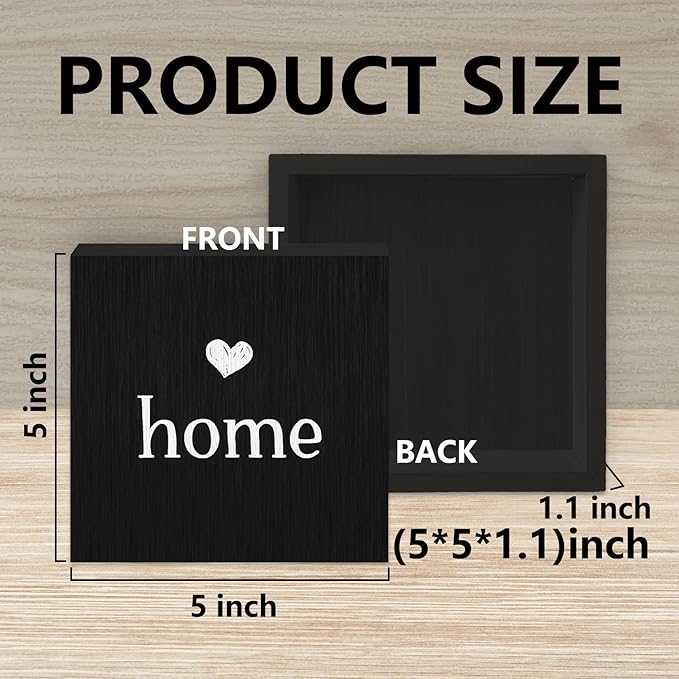 Home Sign, Home Signs for House Decor, Welcome Sign, Rustic Farmhouse Desk Decor Wood Block Box Plaque for Living Room Wall Shelf, Housewarming Gifts (Black)