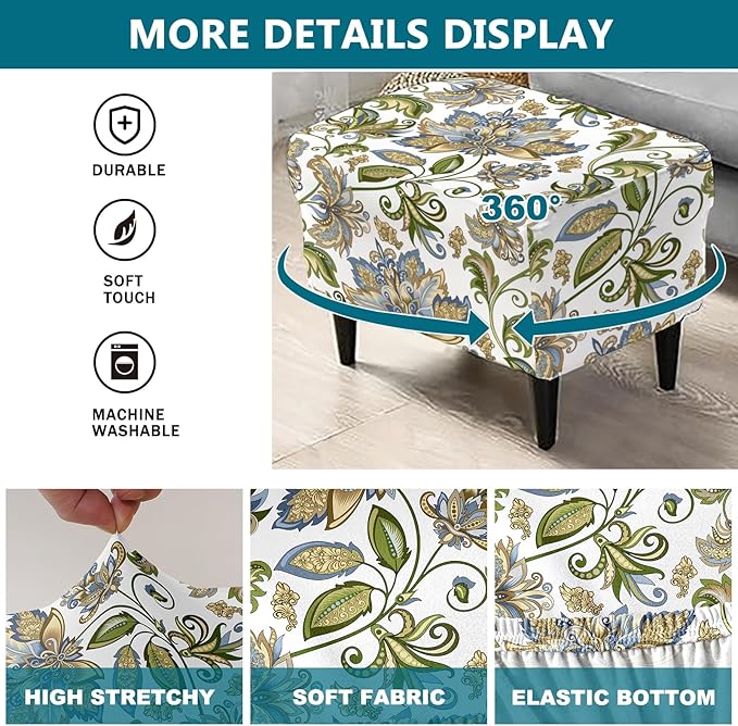 KRFOONN Stretch Ottoman Cover Slipcovers Rectangle Fit Length 55"-63" Footrest Stool Covers Printed Ottoman Cover for Foot Stool Furniture Protector with Non Slip Elastic Bottom, Color 18