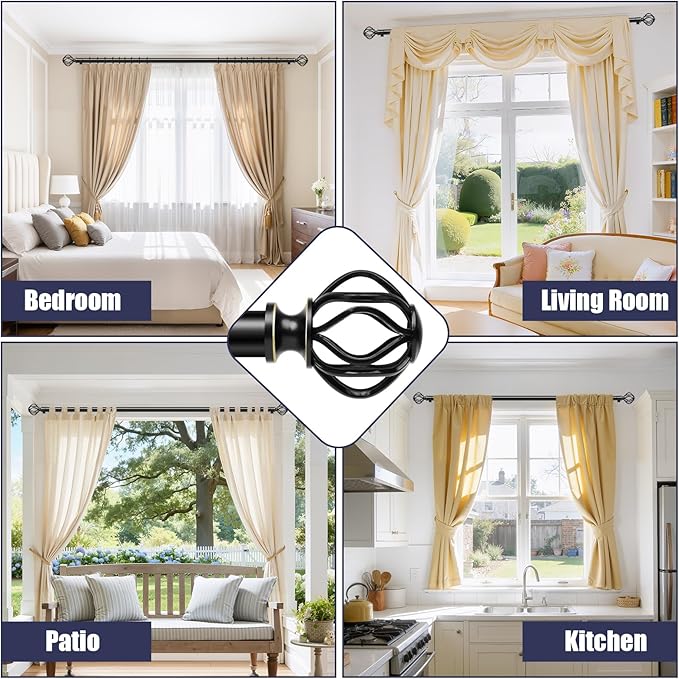 Black Curtain Rods for Windows 48-90Inch(4-7.5ft), Heavy Duty 1 Inch Adjustable Curtain Rod, Decorative Window Rods for Living Room, Bedroom, Dining Room & Patio
