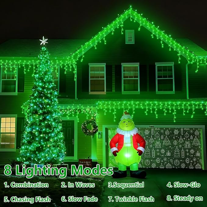 YEGUO 66ft 800 LED Icicle Christmas Lights Outdoor Waterproof, 160 Drops Icicle Lights Connectable, 8 Modes Icicle String Light with Memory(Green)