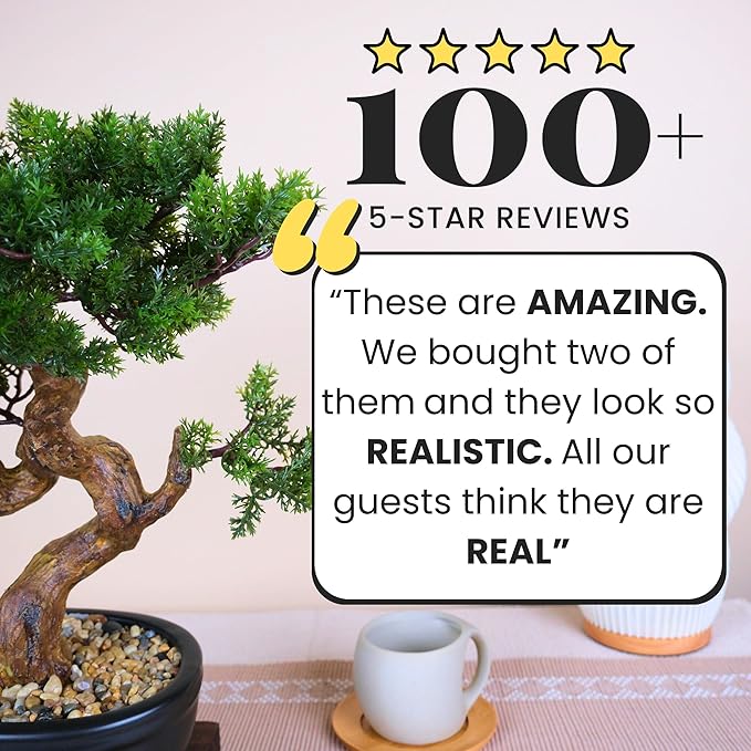 Artificial Bonsai Tree 16" Tall with Realistic Wood and Ceramic Pot, Fake Plants for Home, Bedroom and Office Desk, Japanese Decor
