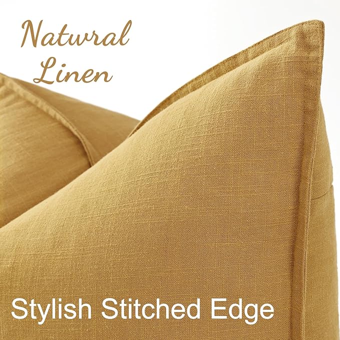 decorUhome Christmas Decorative Linen Throw Pillow Covers 18x18 Inch Set of 2 Mustard Yellow Soft Pillow Covers with Flange Edges Soft Farmhouse Boho Accent Pillow Cases for Couch Sofa Bed Living Room