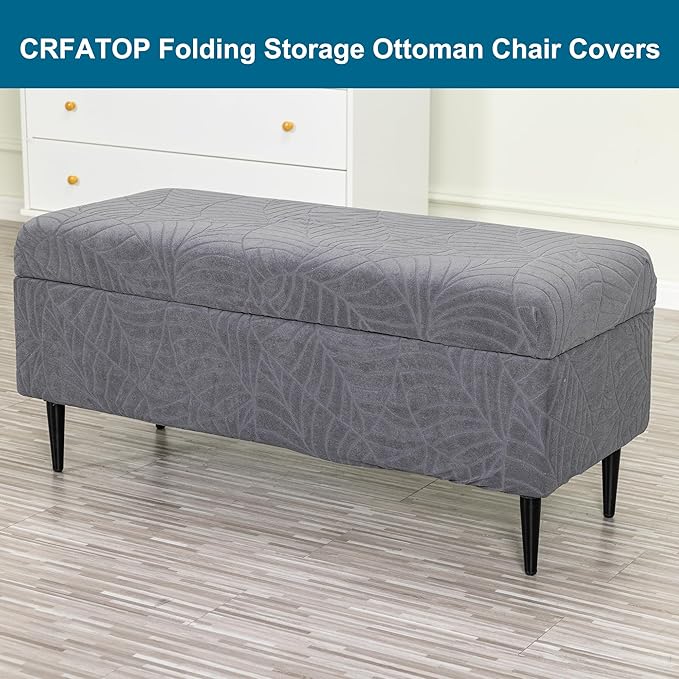CRFATOP Waterproof Jacquard Ottoman Stool Cover Stretch Folding Storage Footstool Bench Slipcovers Upholstered Foot Chest Chair Covers Washable Entryway Furniture Protector,M,Dark Grey