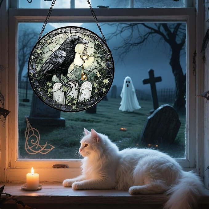 Stained Glass Window Hanging - Halloween Crow White Tombstone Suncatcher for Doors Garden Home Spooky Black Green Sun Catchers Gothic Decor Horror Gift for Women Men Friend Boy Girl 11.8 in