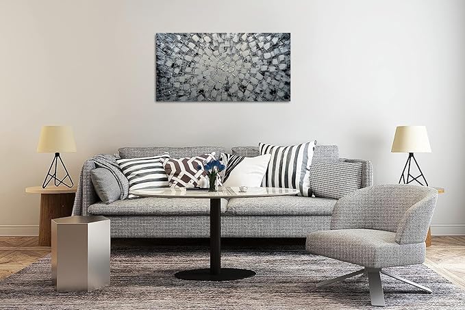 MyArton Textured Abstract Squares Canvas Wall Art Hand Painted Modern Black Silver Oil Painting for Home Decoration Ready to Hang Horizontal or Vertical 48x24inch