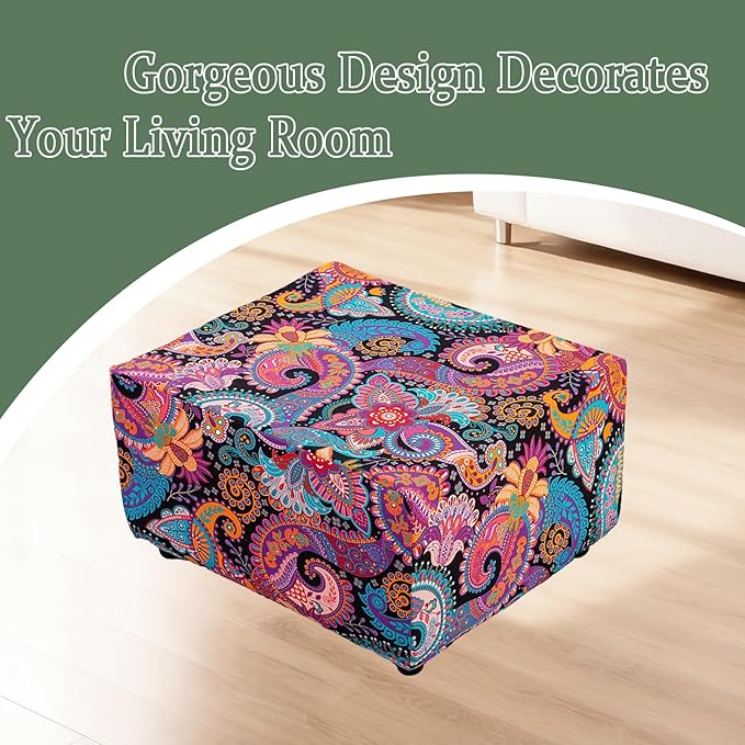 HAOYONG Ottoman Cover Square, Stretch Ottoman Slipcover Printed, SoftFoot Stool Cover Protector with Nonslip Elastic Bottom Removable Washable